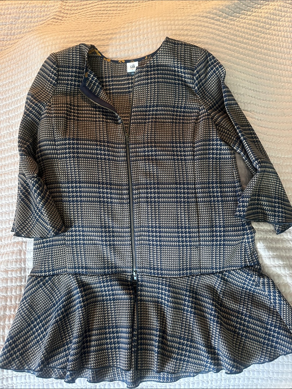 CAbi Navy and Cream Plaid Zip Peplum Blazer